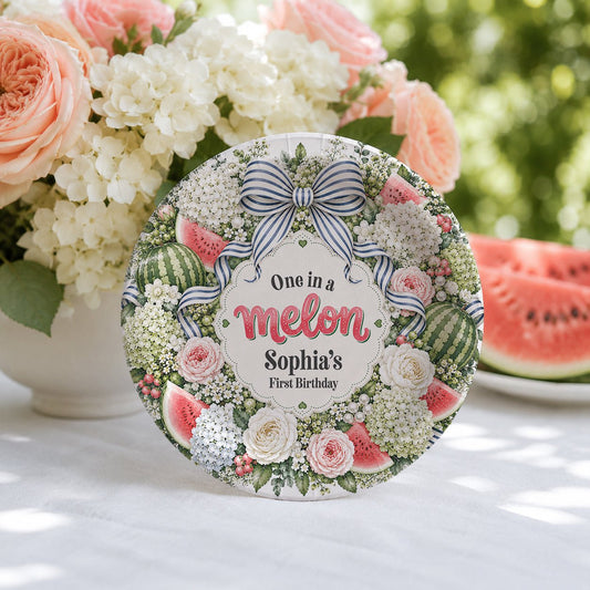 Personalized One in a Melon First Birthday Plates with Watermelon Floral Wreath - Pretty Gifted