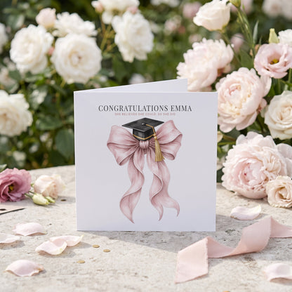 Personalized Pink Bow Black and Gold Graduation Card - Pretty Gifted