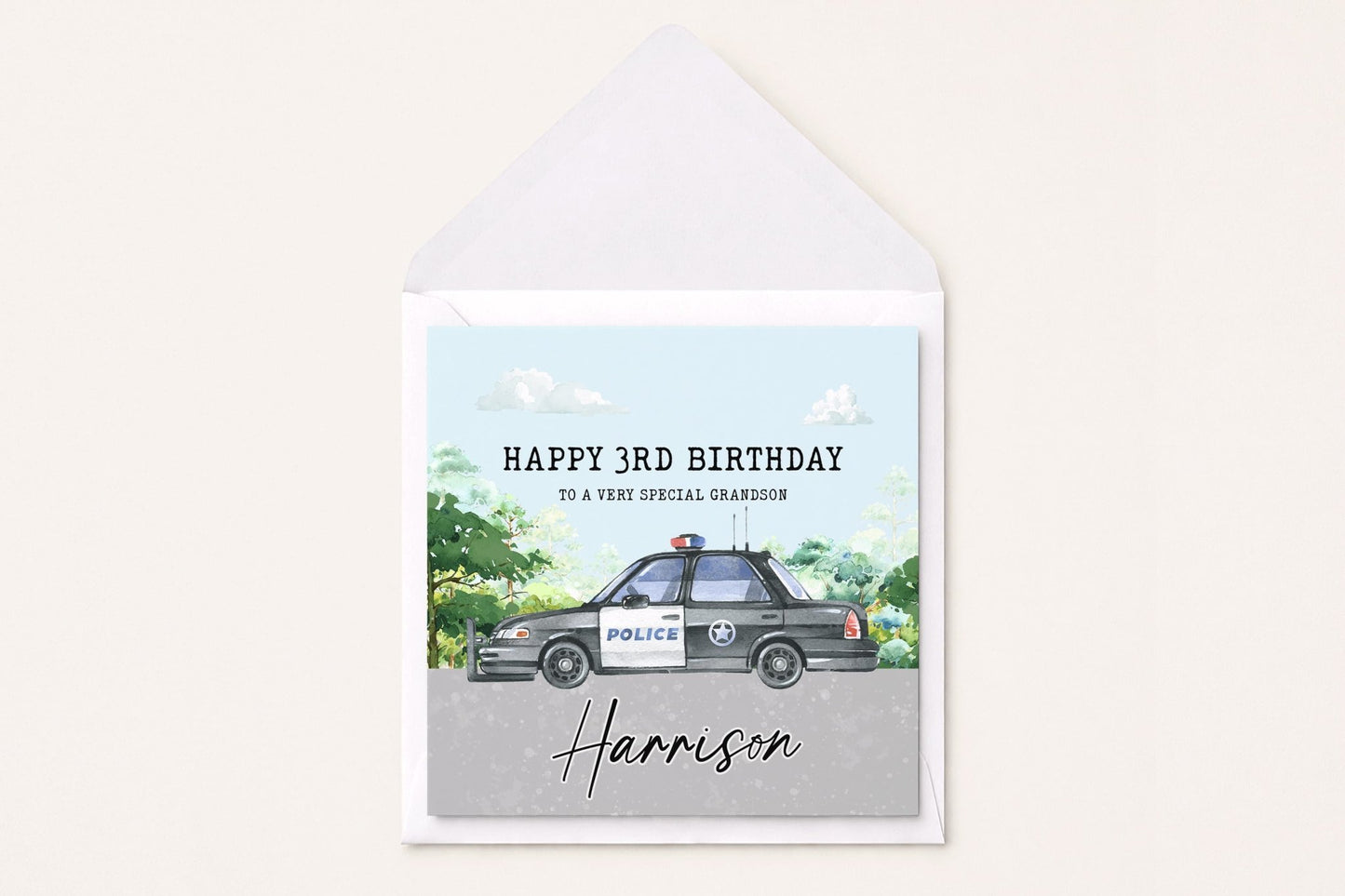 Personalized Police Car Birthday Card, Custom Kids Gift - Pretty Gifted
