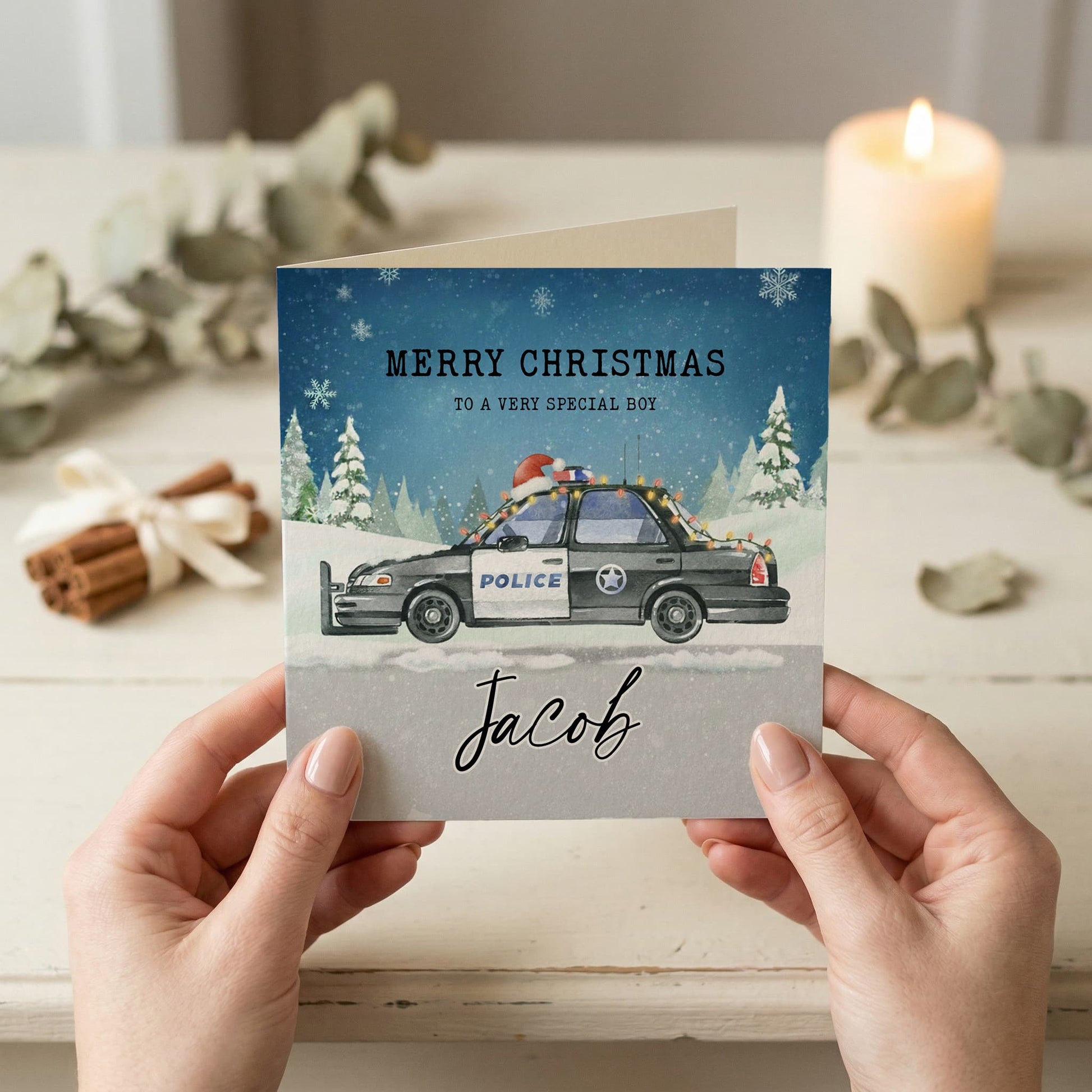 Personalized Police Car Christmas Card for Boys, Holiday - Pretty Gifted