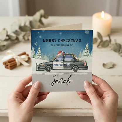 Personalized Police Car Christmas Card for Boys, Holiday - Pretty Gifted