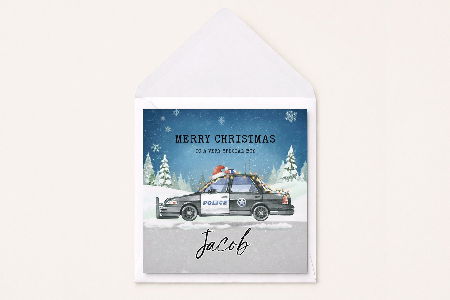 Personalized Police Car Christmas Card for Boys, Holiday - Pretty Gifted