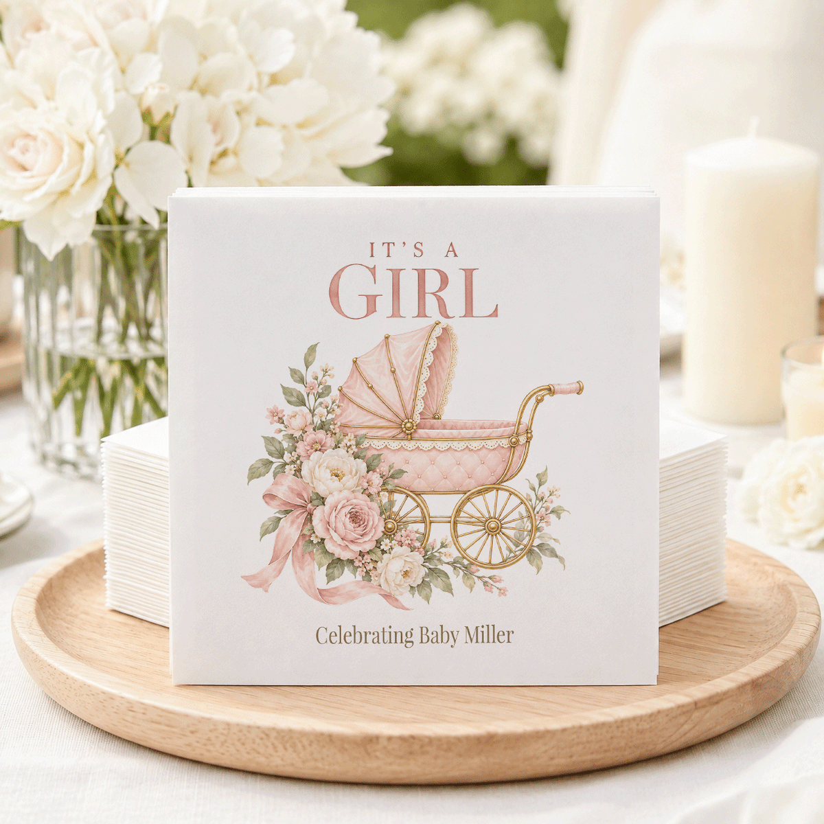 Personalized Quilted Pink Pram & Garden Rose Baby Shower Napkins - Pretty Gifted