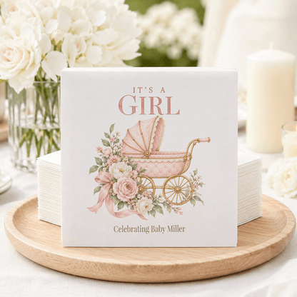 Personalized Quilted Pink Pram & Garden Rose Baby Shower Napkins - Pretty Gifted