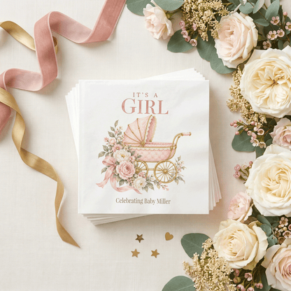 Personalized Quilted Pink Pram & Garden Rose Baby Shower Napkins - Pretty Gifted