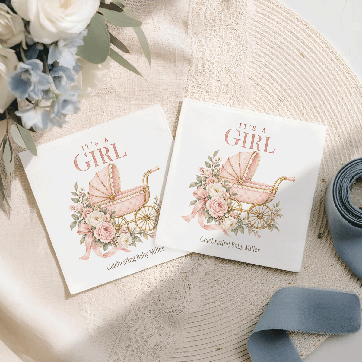 Personalized Quilted Pink Pram & Garden Rose Baby Shower Napkins - Pretty Gifted