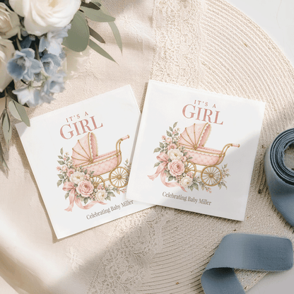 Personalized Quilted Pink Pram & Garden Rose Baby Shower Napkins - Pretty Gifted