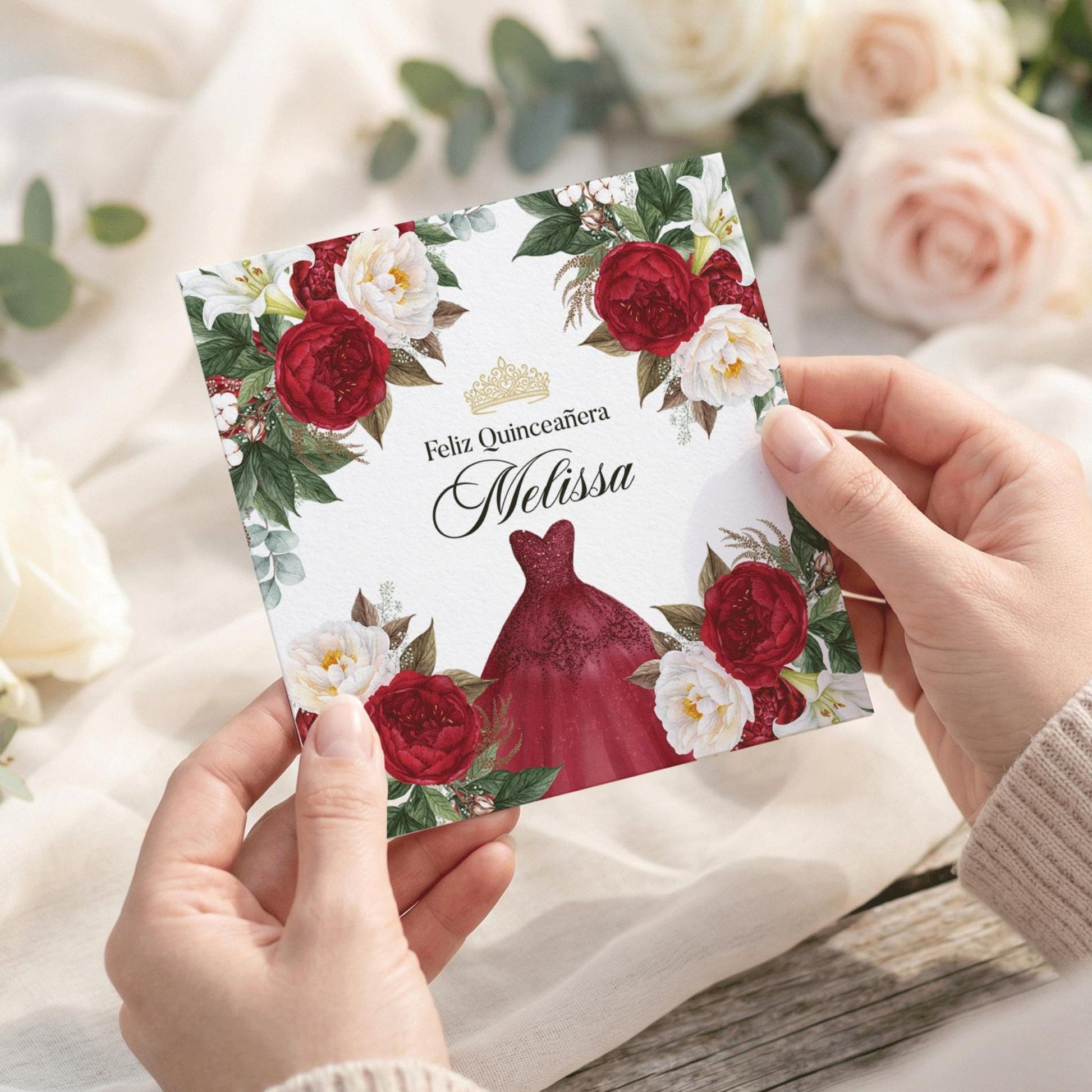 Personalized Quinceanera Card, Burgundy Floral Keepsake Gift - Pretty Gifted