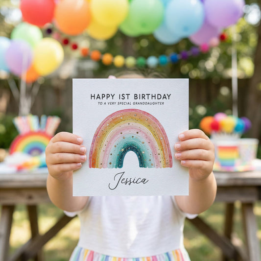 Personalized Rainbow Birthday Card, Pastel Watercolor Kids Gift - Pretty Gifted