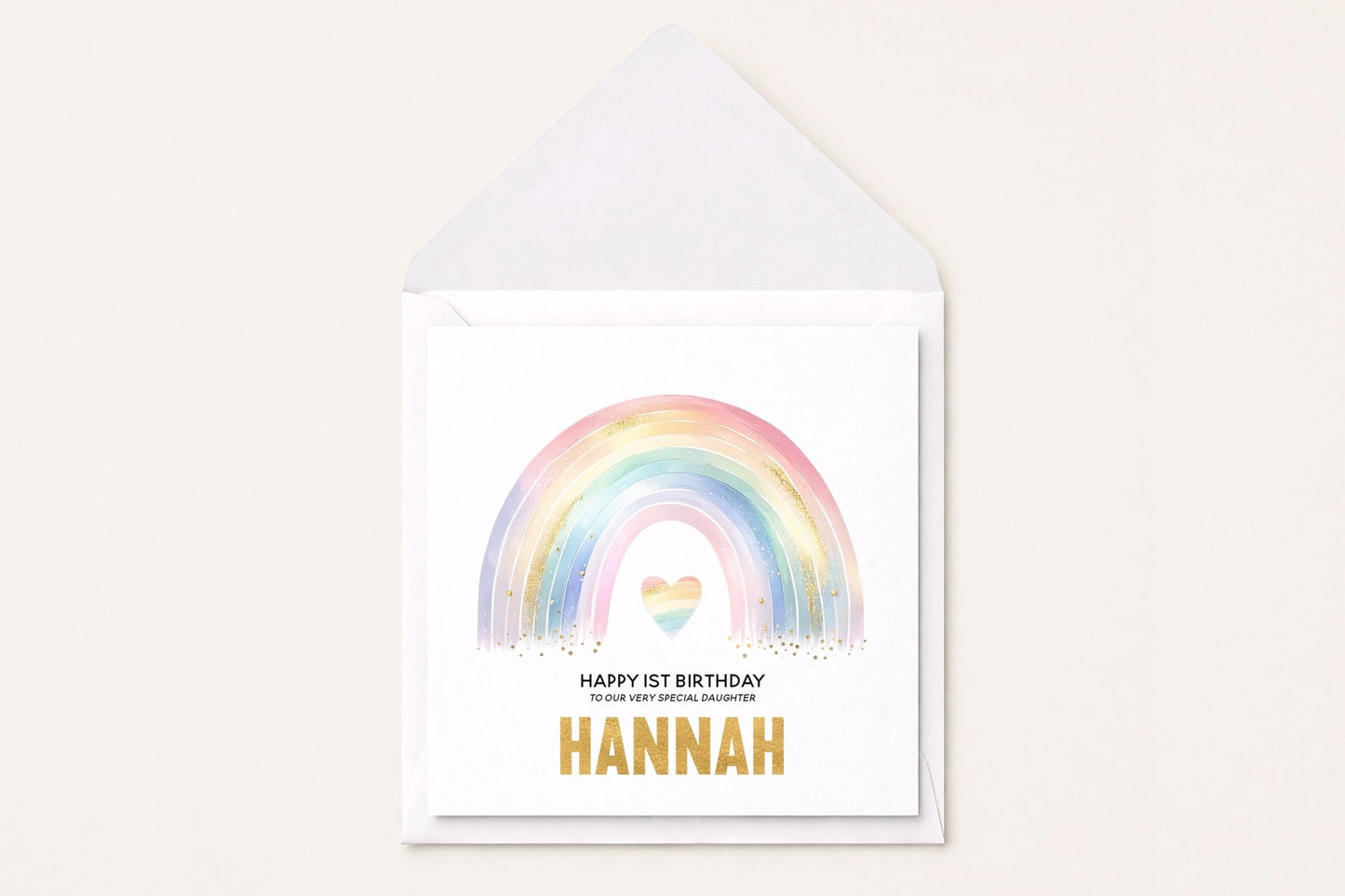 Personalized Rainbow Heart Birthday Card, Gold Glitter Girls Gift - Pretty Gifted
