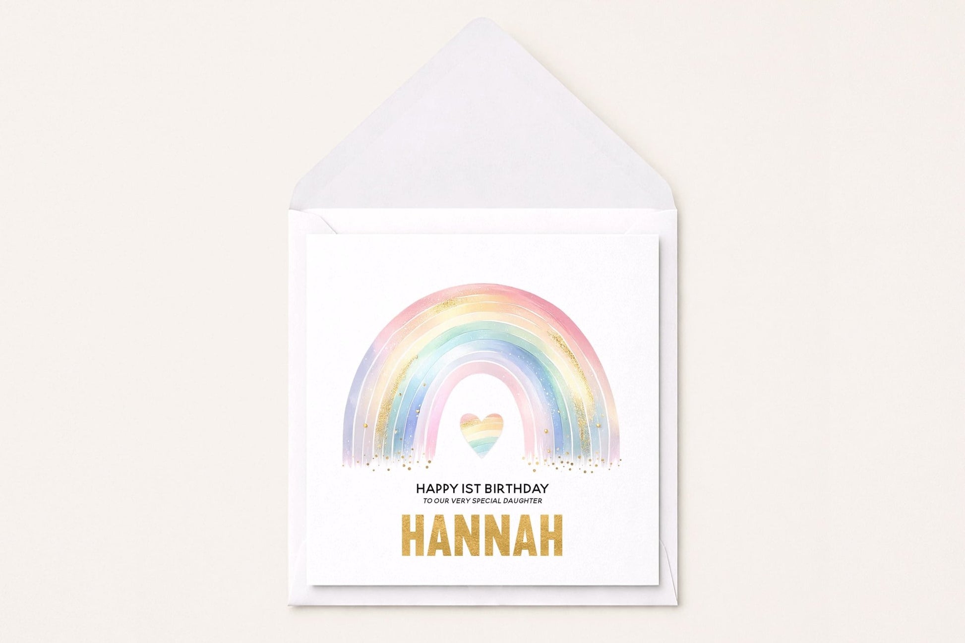 Personalized Rainbow Heart Birthday Card, Gold Glitter Girls Gift - Pretty Gifted