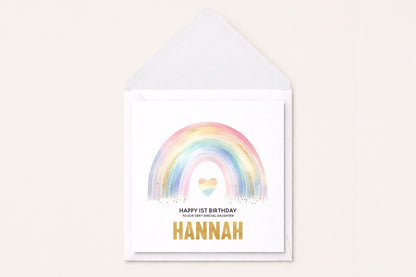 Personalized Rainbow Heart Birthday Card, Gold Glitter Girls Gift - Pretty Gifted