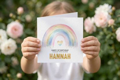 Personalized Rainbow Heart Birthday Card, Gold Glitter Girls Gift - Pretty Gifted