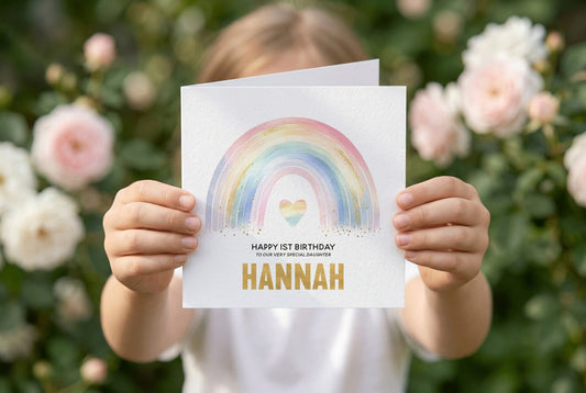 Personalized Rainbow Heart Birthday Card, Gold Glitter Girls Gift - Pretty Gifted