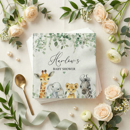 Personalized Safari Baby Shower Napkins, Jungle Animals Party - Pretty Gifted