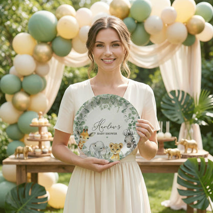 Personalized Safari Baby Shower Plates, Jungle Animals and Eucalyptus Greenery - Pretty Gifted