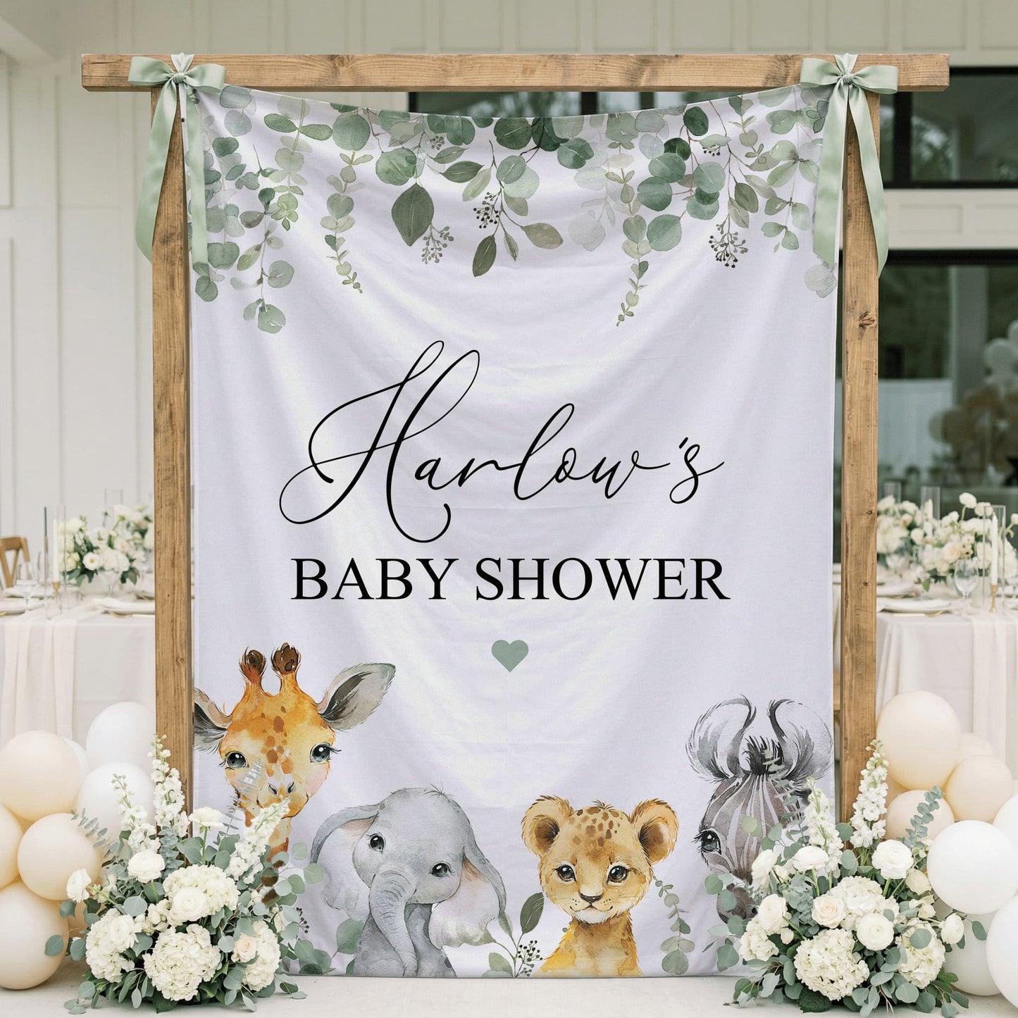 Personalized Safari Baby Shower Tapestry — Custom Name Jungle Animal Backdrop - Pretty Gifted