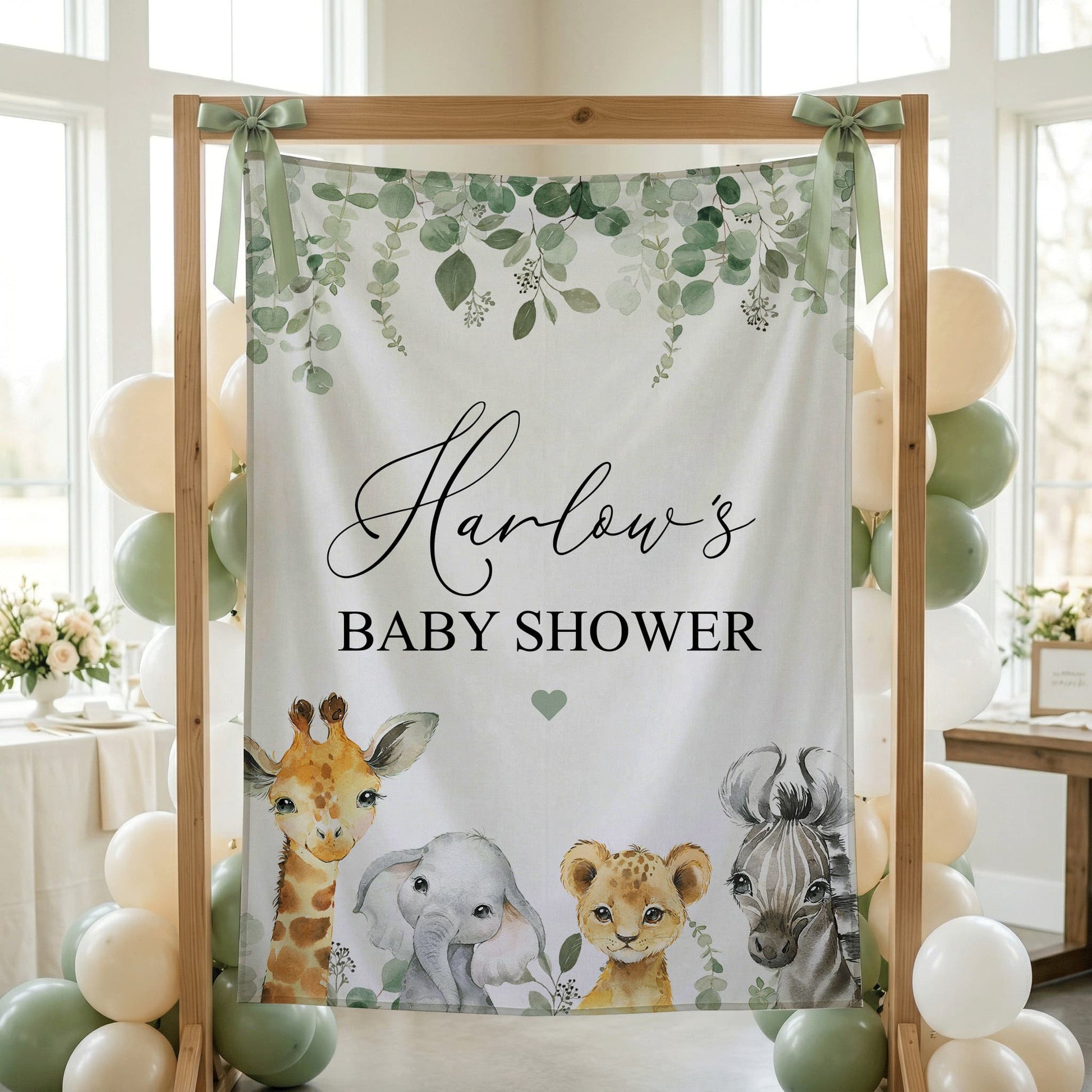 Personalized Safari Baby Shower Tapestry — Custom Name Jungle Animal Backdrop - Pretty Gifted