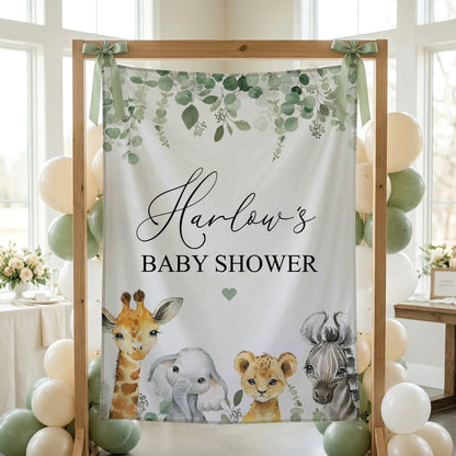 Personalized Safari Baby Shower Tapestry — Custom Name Jungle Animal Backdrop - Pretty Gifted