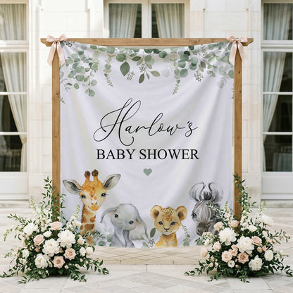 Personalized Safari Baby Shower Tapestry — Custom Name Jungle Animal Backdrop - Pretty Gifted