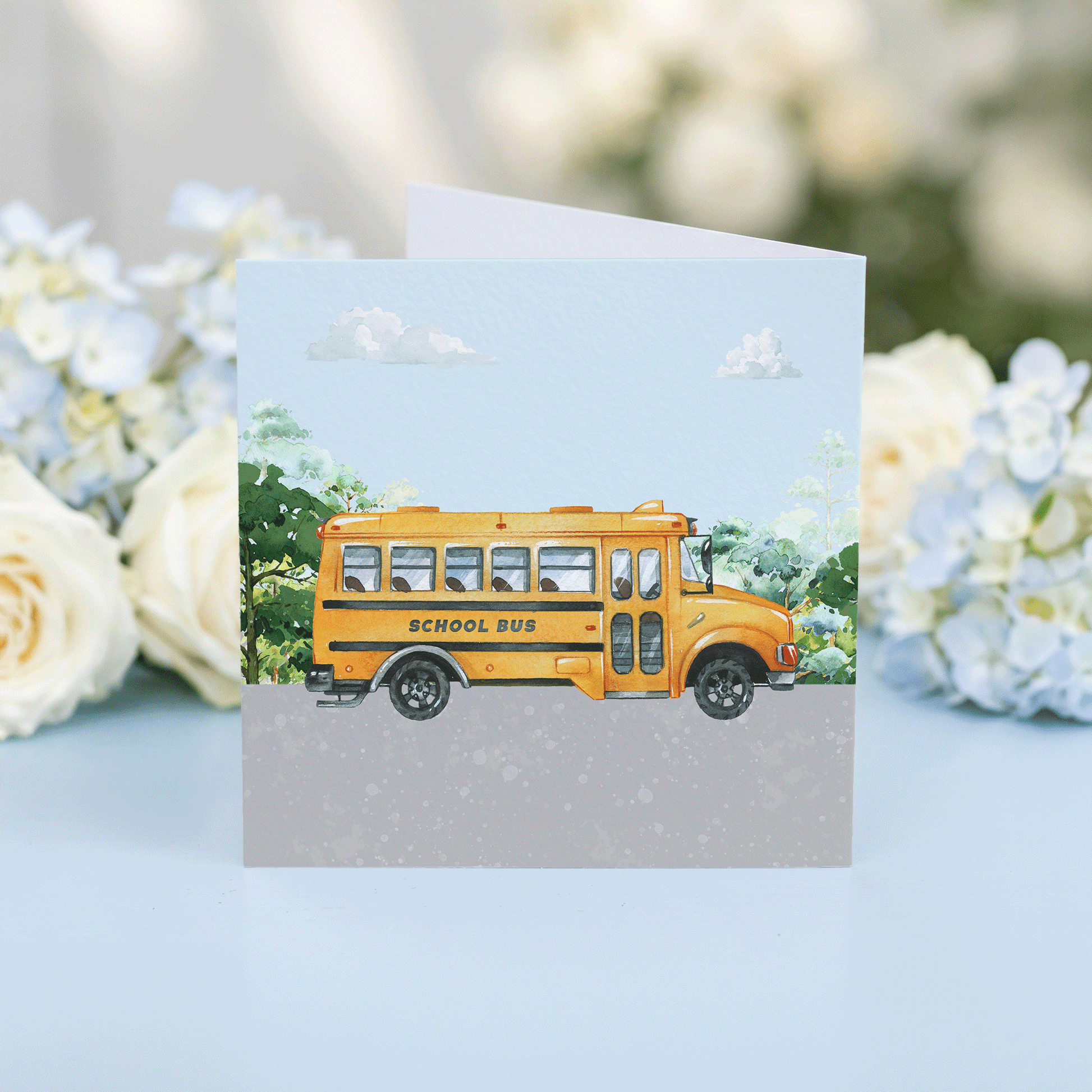 Personalized School Bus Birthday Card, Custom Kids Card for Son, Grandson, or Nephew – Any Age, 5x5 Folded Card with Envelope - Pretty Gifted