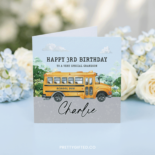 Personalized School Bus Birthday Card, Custom Kids Card for Son, Grandson, or Nephew – Any Age, 5x5 Folded Card with Envelope - Pretty Gifted