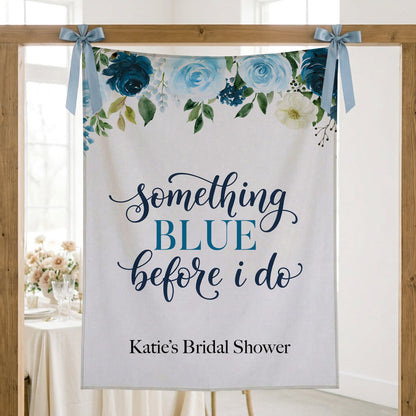 Personalized Something Blue Bridal Shower Backdrop, Navy Floral Banner - Pretty Gifted