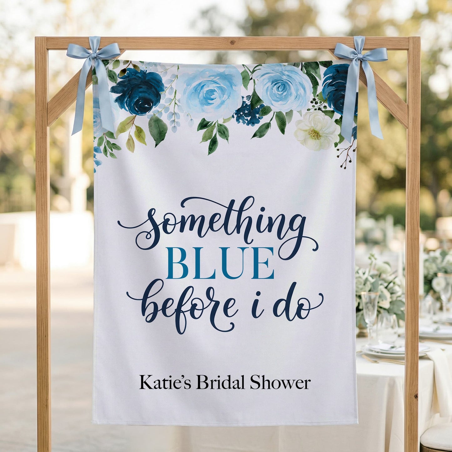 Personalized Something Blue Bridal Shower Backdrop, Navy Floral Banner - Pretty Gifted