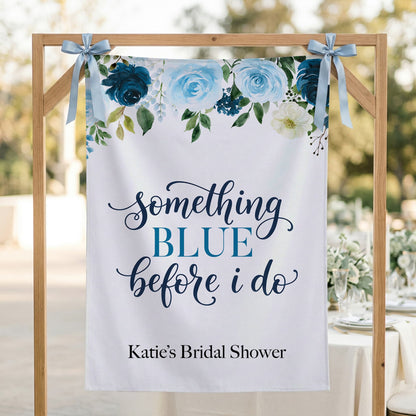 Personalized Something Blue Bridal Shower Backdrop, Navy Floral Banner - Pretty Gifted