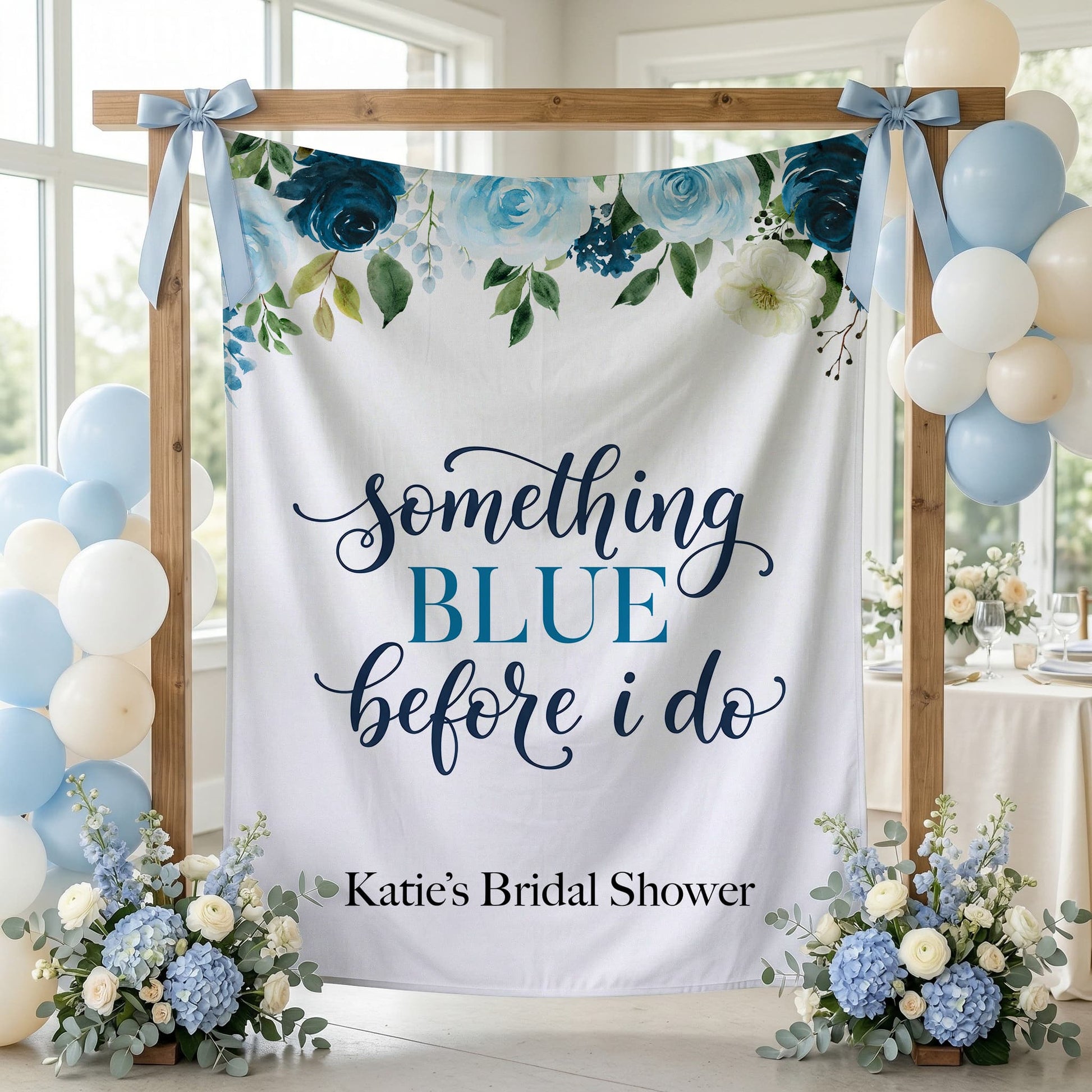 Personalized Something Blue Bridal Shower Backdrop, Navy Floral Banner - Pretty Gifted