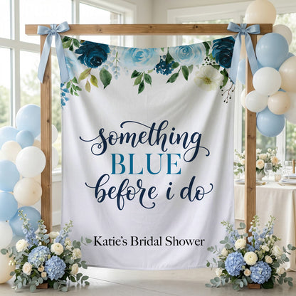 Personalized Something Blue Bridal Shower Backdrop, Navy Floral Banner - Pretty Gifted