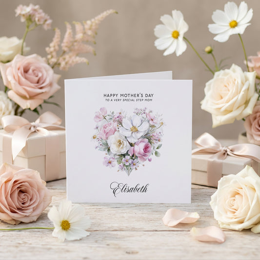 Personalized Stepmom Mother’s Day Card – Floral Heart Design - Pretty Gifted