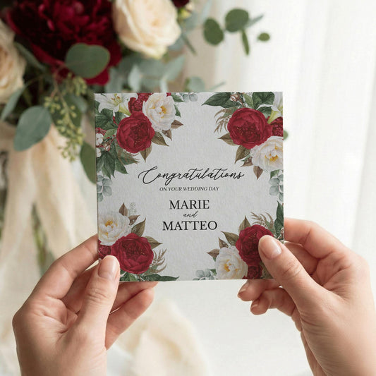 Personalized Wedding Card, Burgundy Floral Couple Keepsake - Pretty Gifted