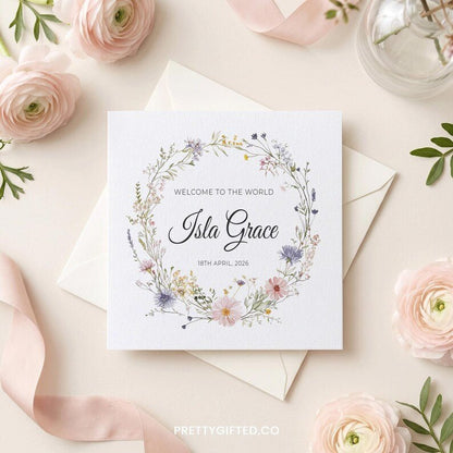 Personalized Wildflower Baby Girl Card – Custom Floral New Baby Card with Name and Birth Date - Pretty Gifted