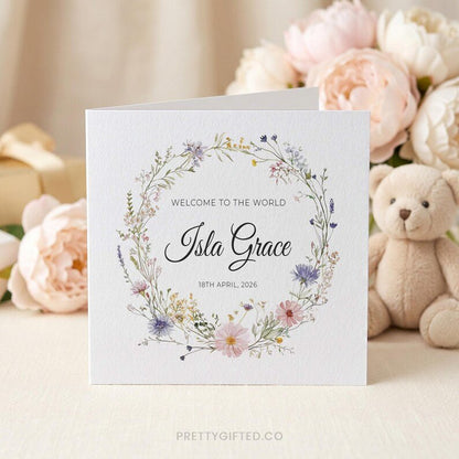 Personalized Wildflower Baby Girl Card – Custom Floral New Baby Card with Name and Birth Date - Pretty Gifted