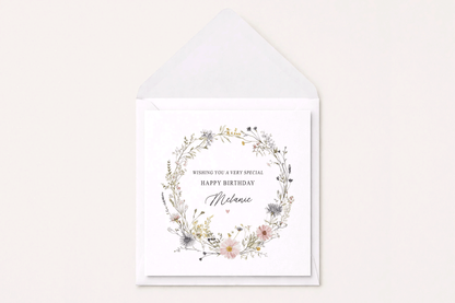 Personalized Wildflower Birthday Card, Floral Wreath Keepsake Gift for Her - Pretty Gifted