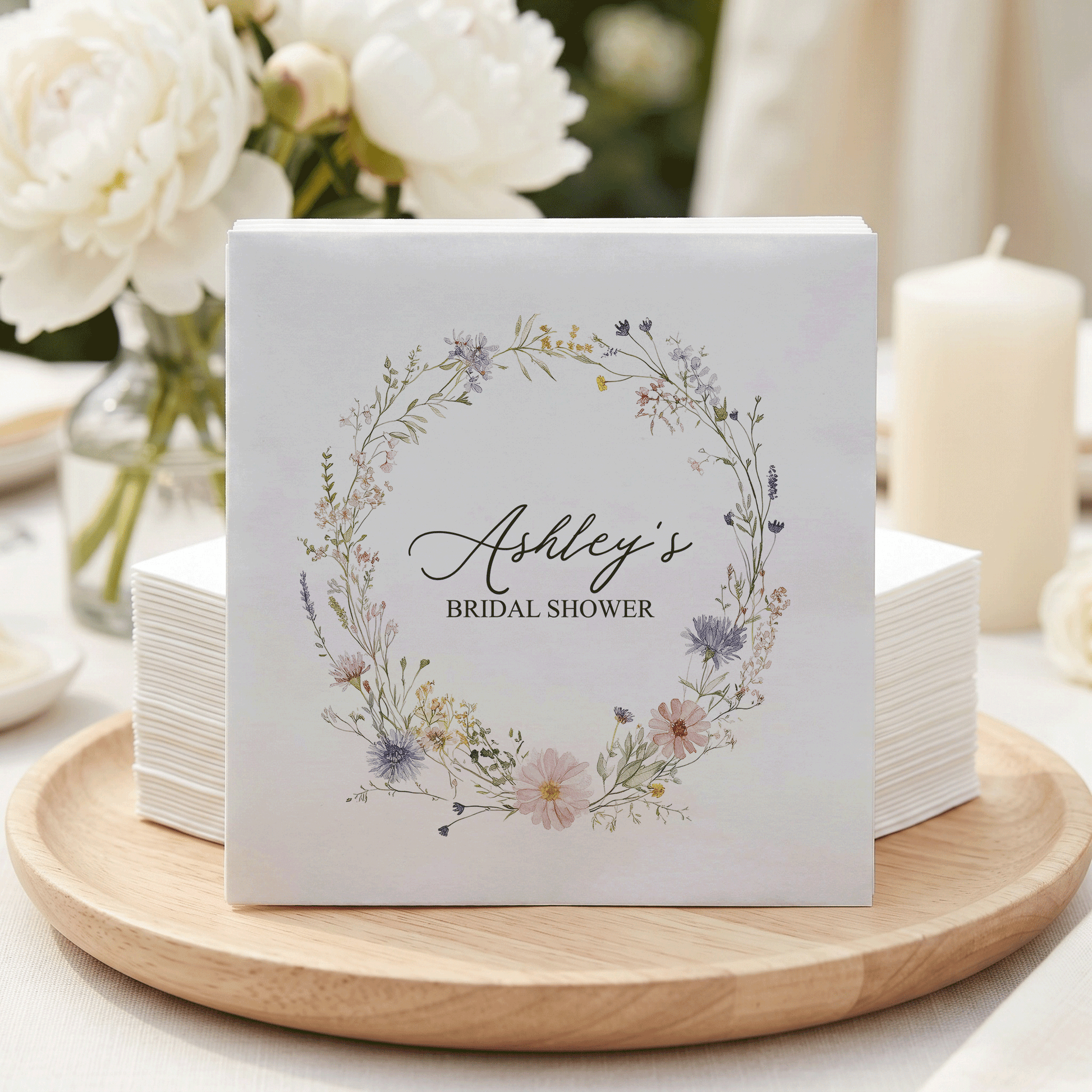 Personalized Wildflower Floral Wreath Bridal Shower Napkins - Pretty Gifted