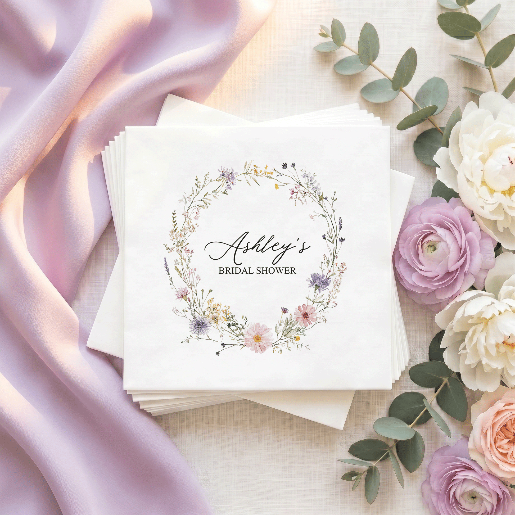 Personalized Wildflower Floral Wreath Bridal Shower Napkins - Pretty Gifted
