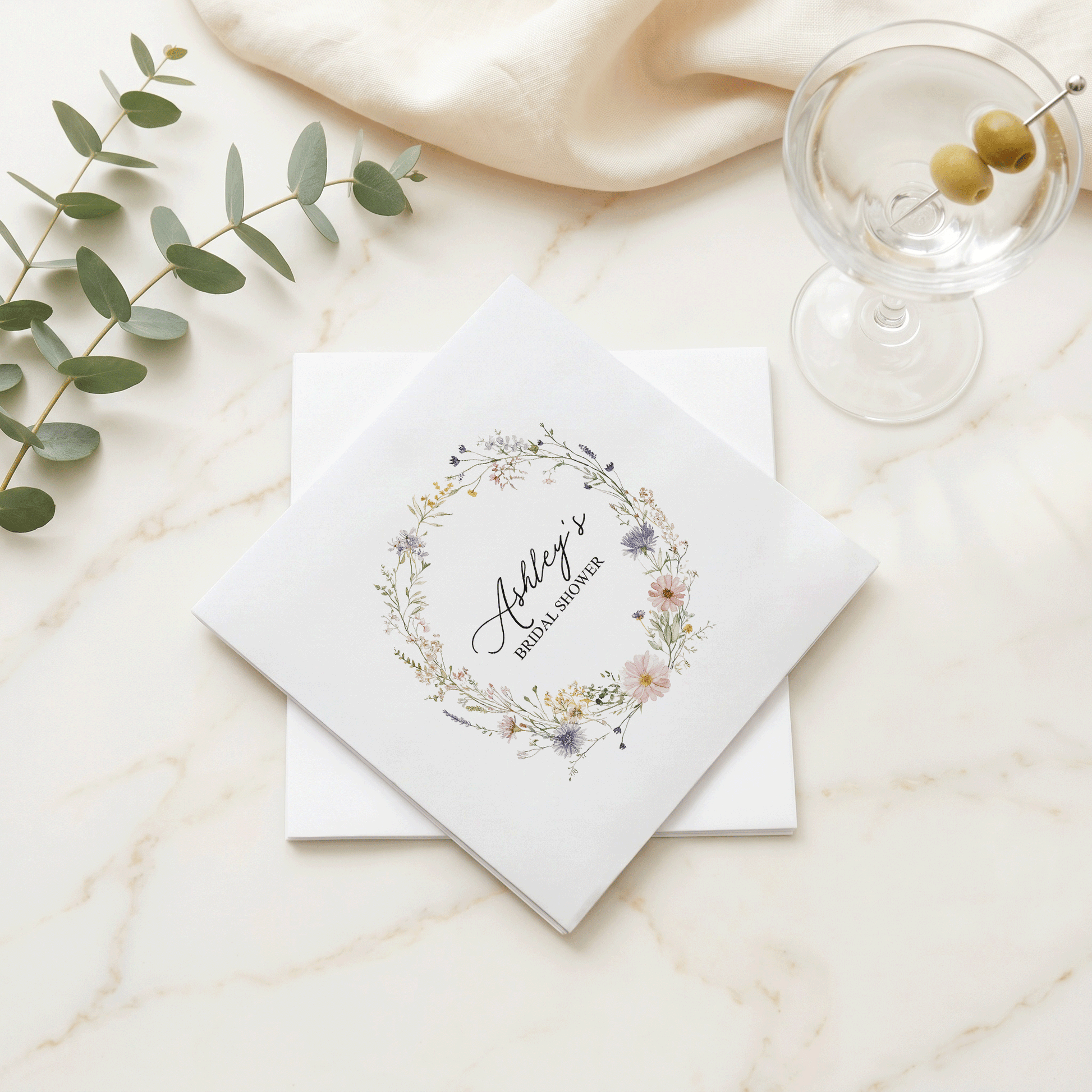 Personalized Wildflower Floral Wreath Bridal Shower Napkins - Pretty Gifted