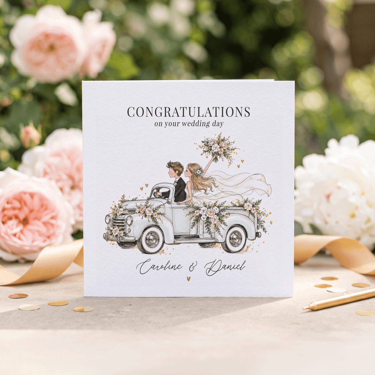 Pickup Truck Wedding Card with Names, Vintage Blush Floral Design - Pretty Gifted