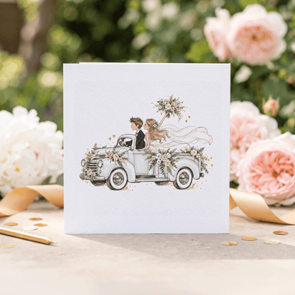 Pickup Truck Wedding Card with Names, Vintage Blush Floral Design - Pretty Gifted