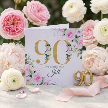 Pink and Gold Floral 90th Birthday Card with Custom Name - Pretty Gifted