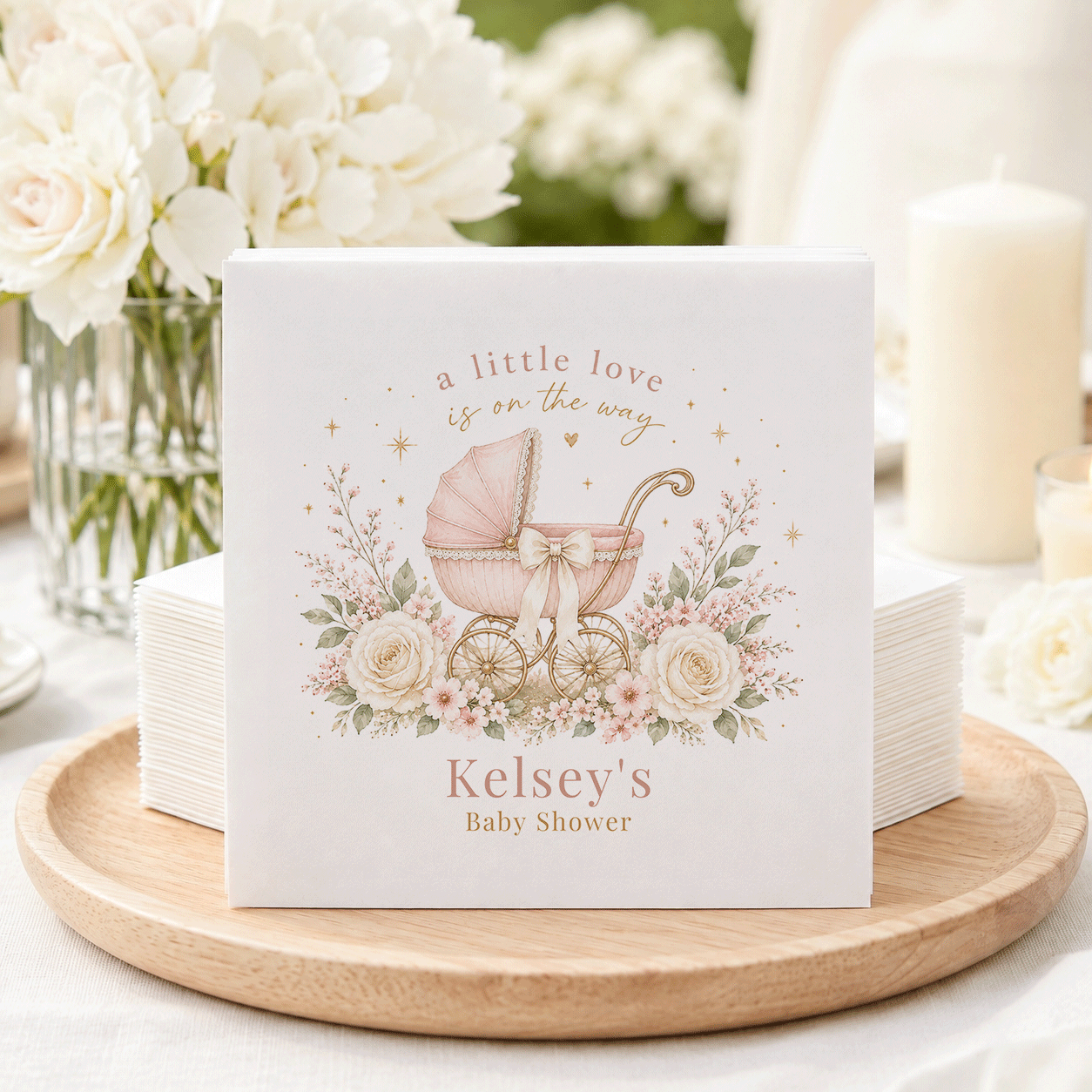 Pink Baby Carriage Blush Floral Baby Shower Napkins - Pretty Gifted