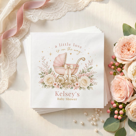 Pink Baby Carriage Blush Floral Baby Shower Napkins - Pretty Gifted