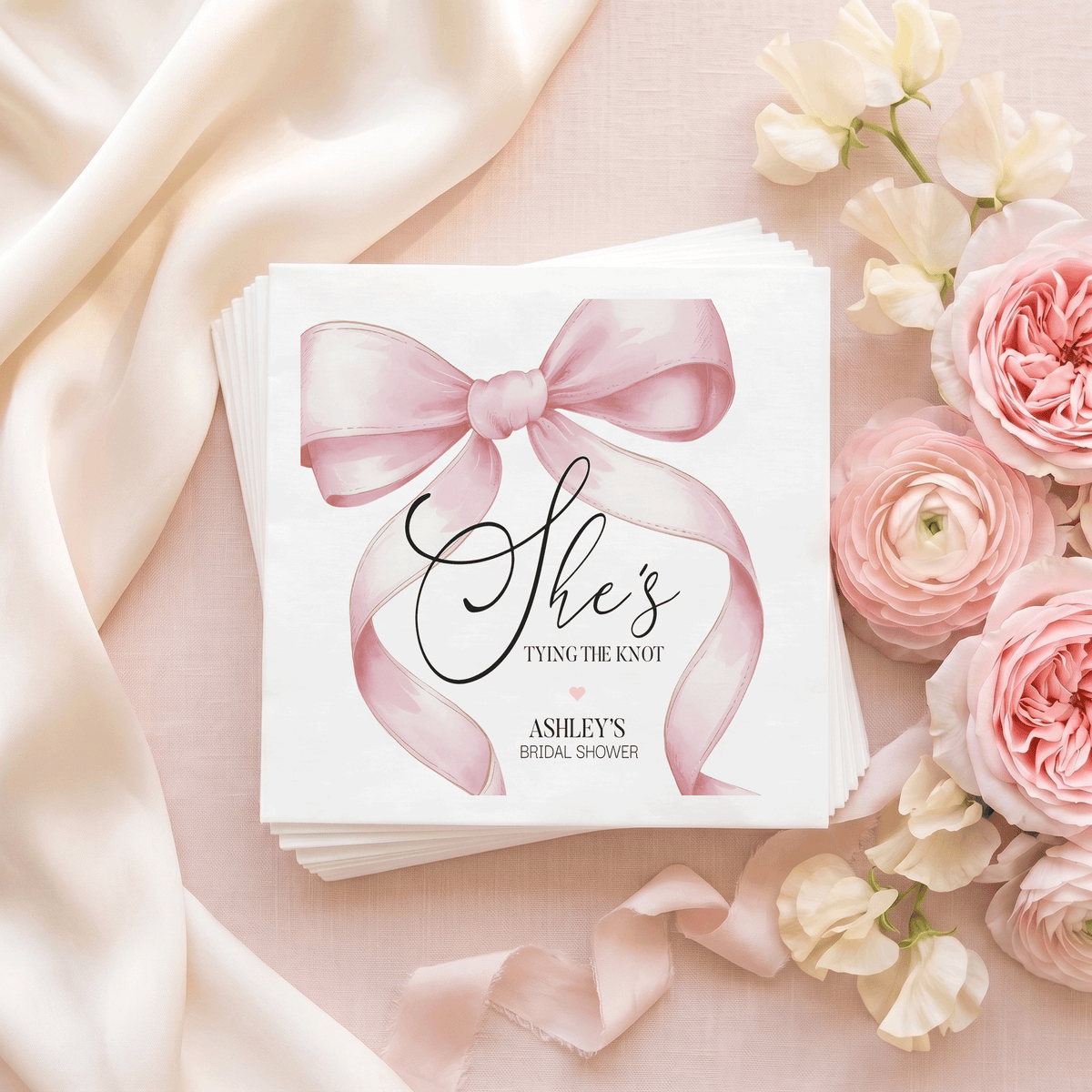 Pink Bow Bridal Shower Napkins, Personalized Coquette Style - Pretty Gifted