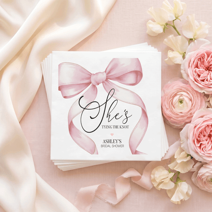 Pink Bow Bridal Shower Napkins, Personalized Coquette Style - Pretty Gifted