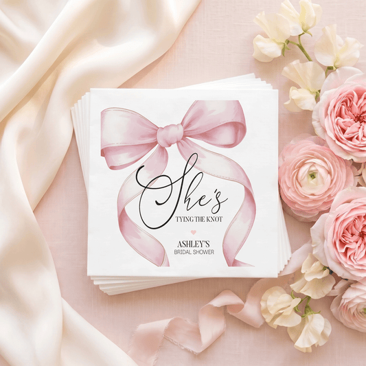 Pink Bow Bridal Shower Napkins, Personalized Coquette Style - Pretty Gifted