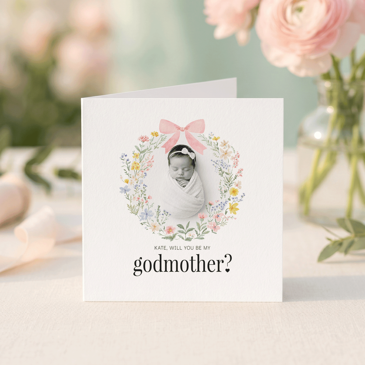 Pink Bow Godmother Proposal Card with Baby Photo, Wildflower - Pretty Gifted