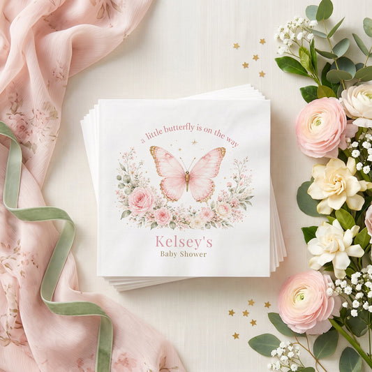 Pink Butterfly Baby Shower Napkins, Blush and Gold - Pretty Gifted