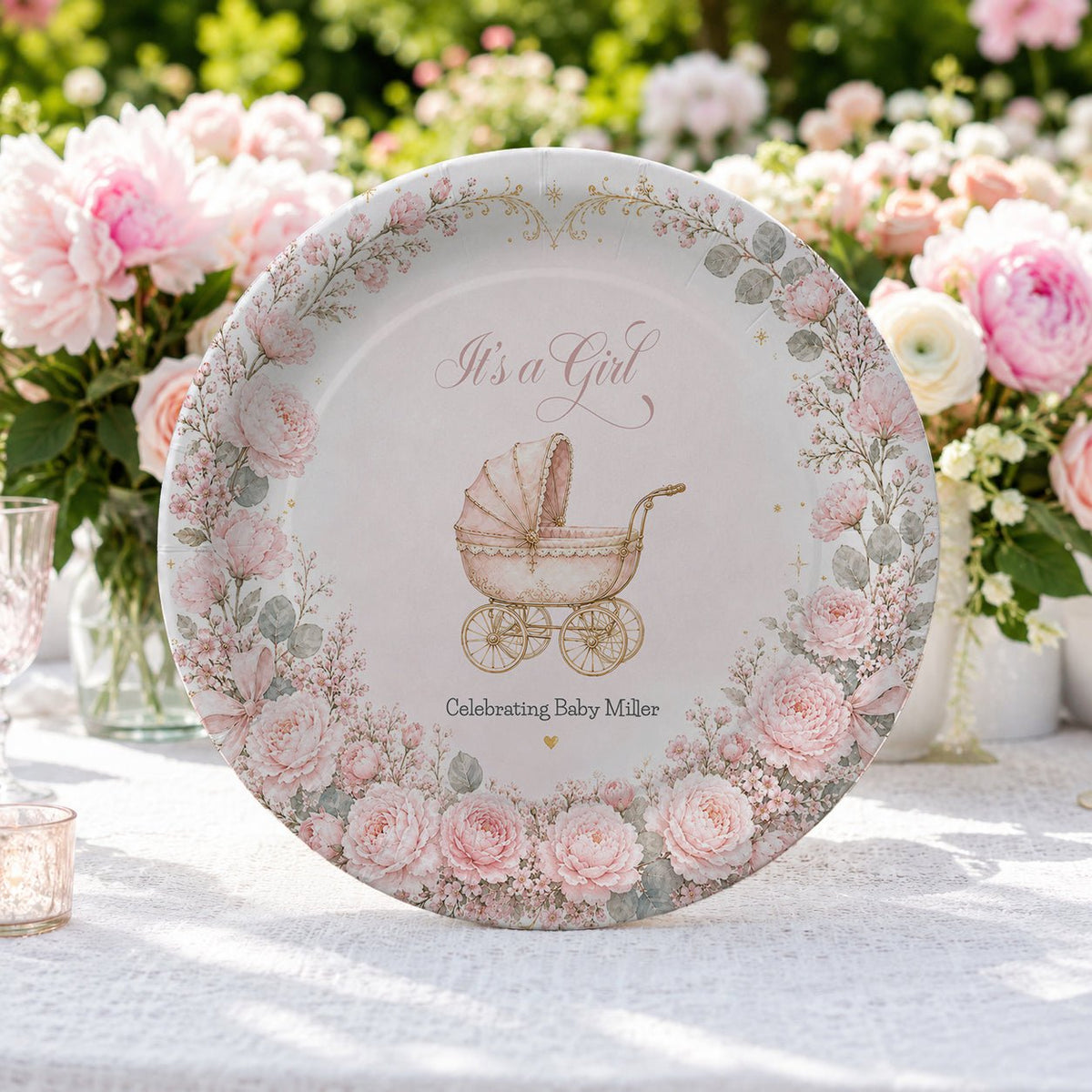 Pink Carriage Baby Shower Plates, Personalized It's a Girl - Pretty Gifted